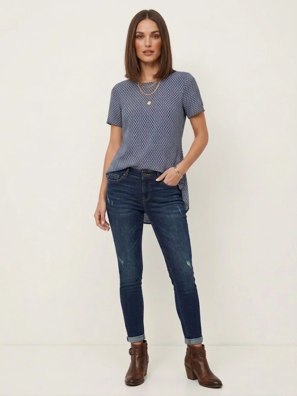 Michael Kors Navy Patterned Short-Sleeve Blouse High Low Size Small
